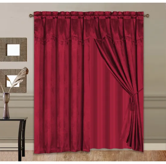 America Hot Selling 2PCs Damask Window Curtains with Valance and Tassels for Bedroom and Living Room