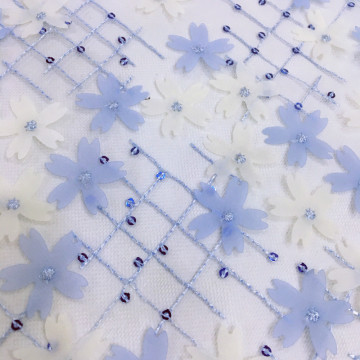 Summer Blue Chiffon Flower With Sequin Embroidery Fabric