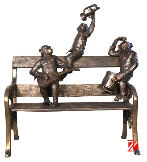 Bronze outdoor monkey statues playing musical instrument
