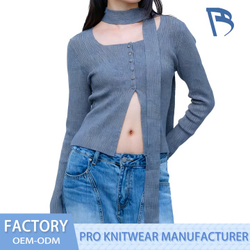 Áo dệt kim nữ màu xám hở rốn