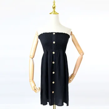 Cotton Strapless Button Pleated Dress
