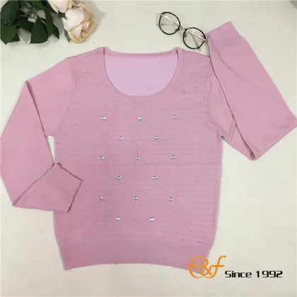 Cable-knit Low Round Collar Graceful Sweater with Crystal