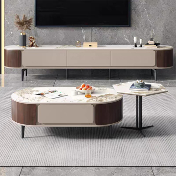 Set di tavolini multifunzionali moderni con sgabello: combinazione di legno, lastra di roccia, marmo e mobile TV