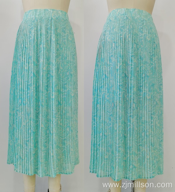 Woven Blue Flowers Print Chiffon Pleated Skirt