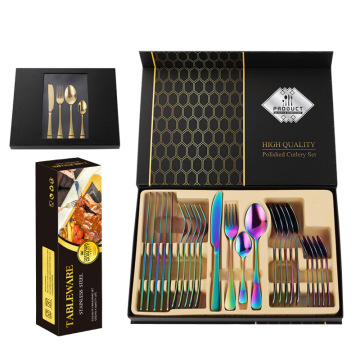 Stainless Steel Gold Flatware 24-Piece Set with Box - Wedding Cutlery Set