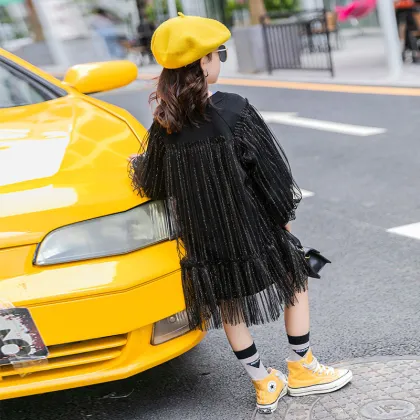 Autumn new big girl children clothes girl dresses black mesh shein dress