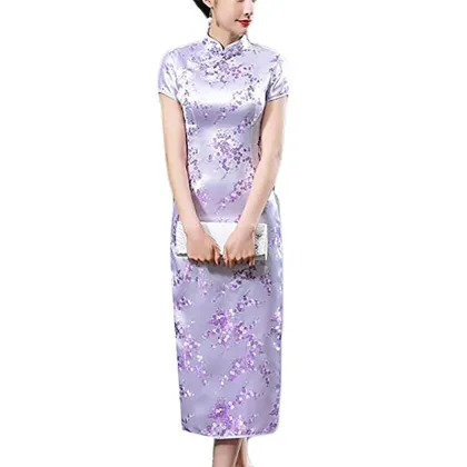 Chinese Traditional Style Women's Silk Pattern Midi Length Printed Dragon and Phoenix Cheongsam Dress