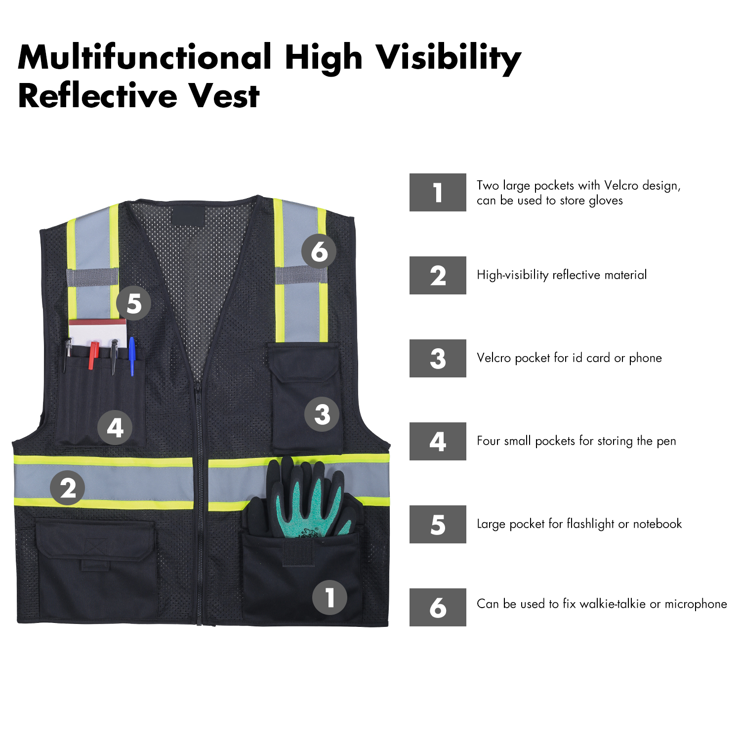 High Visibility Jacket Mesh Vests Customized Work Black Reflective Safety Vest Construction5