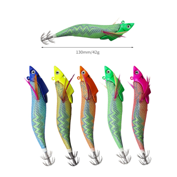 Lide Fishing Squid Lure 130mm 42gが明るい布と木製のエビの餌が付いています