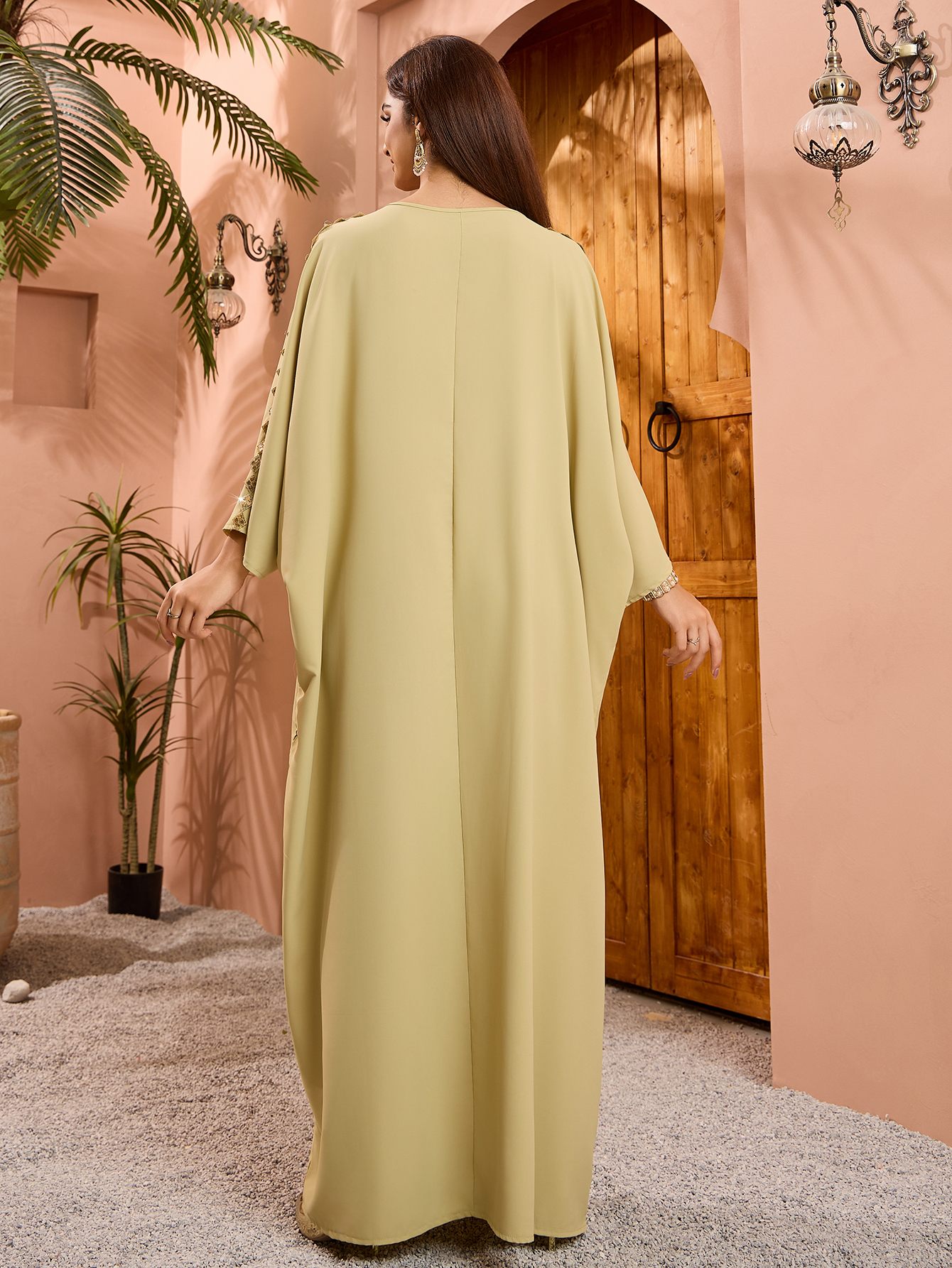 Geometric Print Lace Batwing Abaya (6)