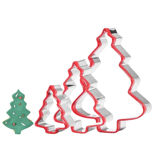 3-piece Stainless Steel Christmas Cookie Cutter Set with Red PVC Christmas Tree Moulds for Baking