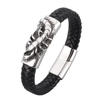 Black Rope Silver Scorpion Stainless Cross Magnetic Clasp Leather Bracelet