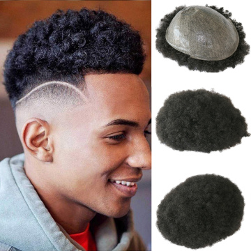 6mm Afro Toupee for Black Men Human Hair African American Wigs Full Skin 8x10inch Mens Curly Wig