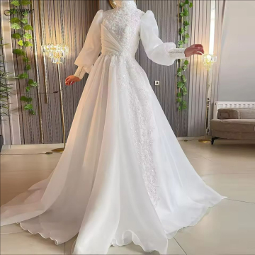 Modest Muslim Lace Wedding Dresses with High Neck and Long Bubble Sleeves for Arabic Brides