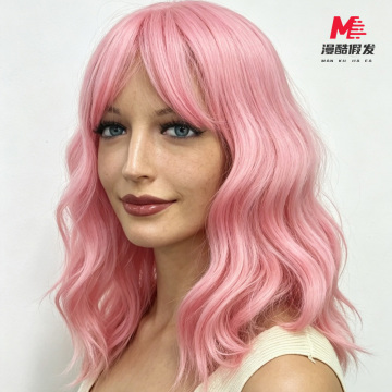 Peruca de moda realista com cabelo encaracolado rosa