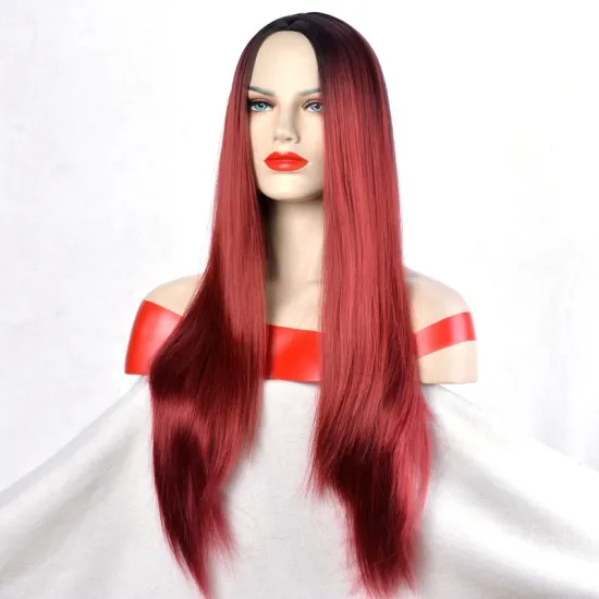 Aishili Black and red color long synthetic wigs natural straight and Silky straight hair for Mature woman Wholesale fashion wig