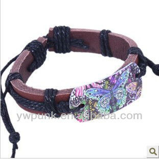 Personalized Adjustable Nice Butterfly bow fleur fashion real cuff jewelry hemp leather cord bracelet bracelets