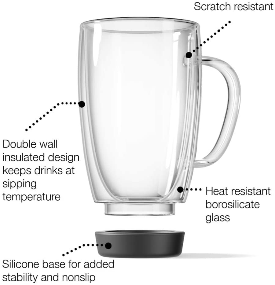 Double Walled Insulated Glass Coffee Mugs, Silicon Base, Non slip for Espresso, Latte, Cappuccino, Thermo Glassware