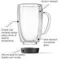 Double Walled Insulated Glass Coffee Mugs, Silicon Base, Non slip for Espresso, Latte, Cappuccino, Thermo Glassware