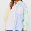 Color Block Long Sleeve Button Blouses