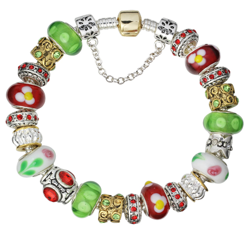 Valentine gifts European Silver Green & Red Charm Beaded Bracelets Jewelry (GQ21)