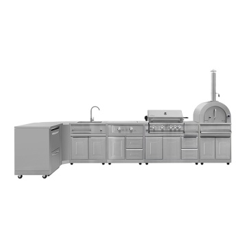 4 Burners BBQ Island with Outdoor Fridge Pizza Oven
