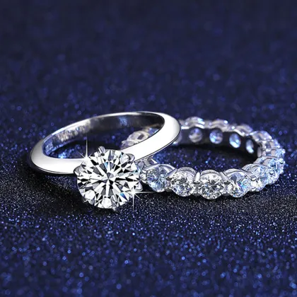 925 Sterling Silver Moissanite Diamond Engagement & Eternity Ring with Silver Lab Diamond