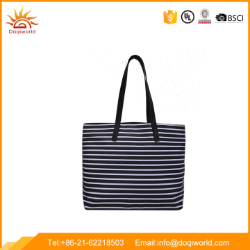 Large Utility Stripe Jute Tote Bag with Pu Handle