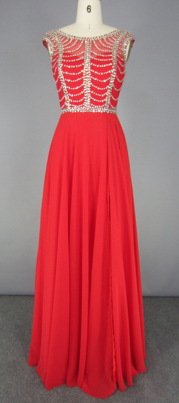 Red Long Embroidered Beading Chiffon Dress