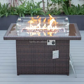 Rectangle Rattan Fire Pit Table Set - Propane Gas Outdoor Patio Fireplace