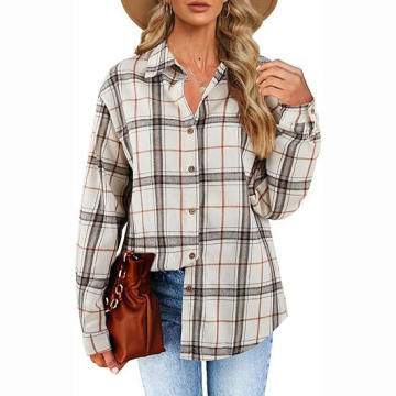 Custom Logo Plaid Long Sleeve Cotton Flannel Shirts for Women