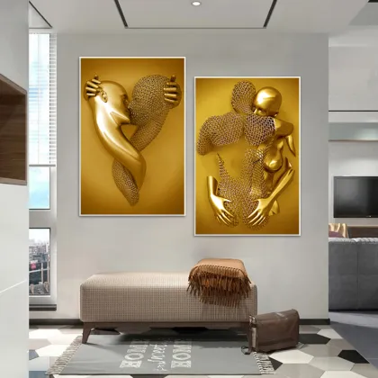 Romantic Abstract Wall Art: Golden Lovers Statue Canvas for Modern Living Rooms