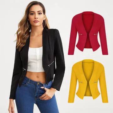 White Zipper Women's Tuxedo Suit Blazer - Lightweight Formal Office Wear