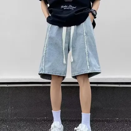 2024 Men's Summer Denim Shorts: Trendy American High Street Brand Youth Knee-Length Workwear Pants