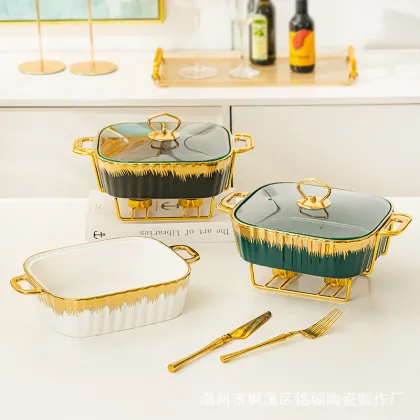 Luxury Rectangular Ceramic Dry Pot Food Warmer Set