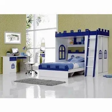 Children's Bedroom with Wooden Bed, Bunk Stair, Desk and Chair