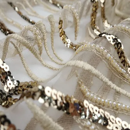 100% Polyester Knit Beads Sequin Embroidery Mesh Fabric