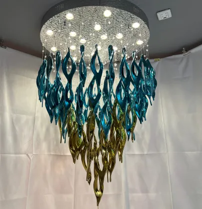 Mission Style Blue and Gold Stained Glass Chandelier