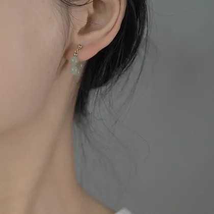 Wholesale Genuine Hetian Green Jade Hoop Earrings in Sterling Silver - Non-Pierced Jewelry for Women