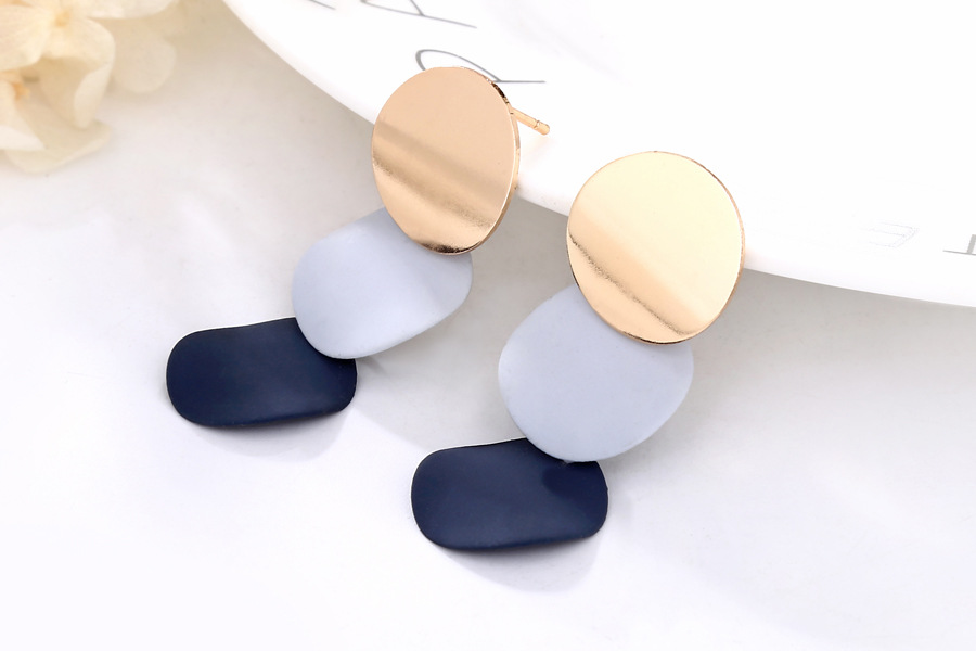 Boucles d&#39;oreilles Hoop &amp; Huggie Bouton Rond Dangle Stud - Triple Or Bleu Acrylique Mat Peinture Disques Courbés Drop Bijoux Cadeau pour Femmes