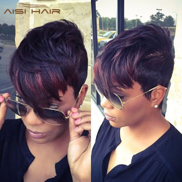 Aisi Hair Most Popular Short Straight Wig Natural Black Wigs with Red Bang Synthetic Pixie Cut Wig for Women