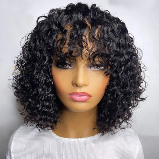 BIS Wholesale Brazilian Water Wave Human Hair Wigs With Bangs Full Machine Made Wigs For Women Remy Pixie Cut Bob Wig With Bang
