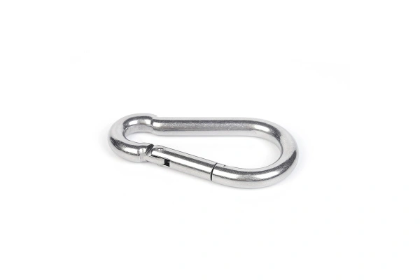Detailed view of stainless steel wire rope and karabiner connection