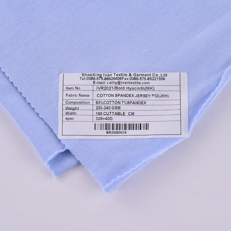 ผ้าฝ้าย 93% 7% ผ้าสแปนเด็กซ์ถักสำหรับตัดเย็บเสื้อผ้า