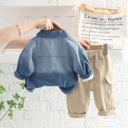 Customizable New Style Autumn Boys' Clothing Set: Denim Coat, T-Shirt, Cargo Pants - OEM & ODM Options Available