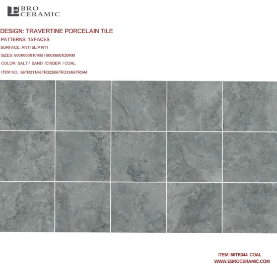 Dark Grey Travertine Stone Design Matt P4 Anti-Slip R11 Indoor Bathroom Porcelain Tiles 60x60