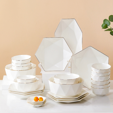 Nordic Simple 6 Corners Diamond Painting Gold Rim Dinnerware Set