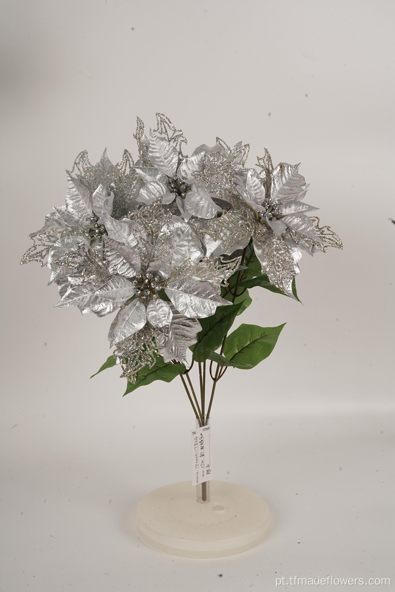 Flor de cinco cabeças de Natal de Prata Artificial