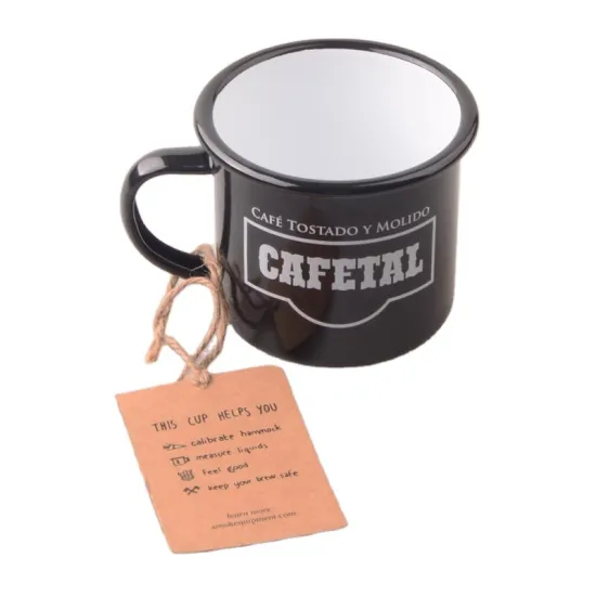 8cm Black Enamel Drinkware Metal Steel Camping Coffee Cup Mug Tableware with Tag Price