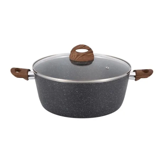 20cm Marble Coated Forged Aluminum Casserole Pan with Wooden Handle